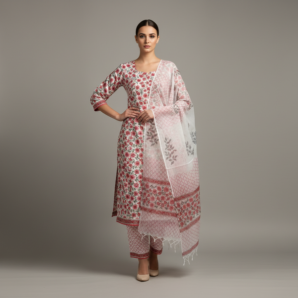 Hand Block Printed Cotton Kurta Set with Dupatta