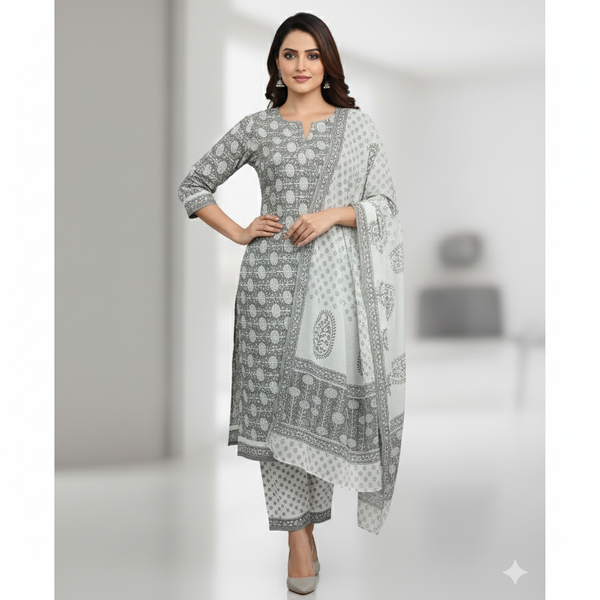 Hand Block Print Cotton Suit with Kota Doria/Malmal Dupatta