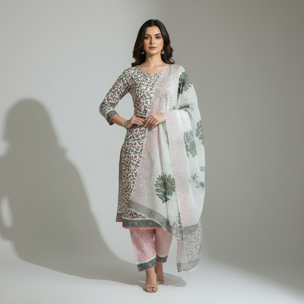 Hand Block Print Cotton Suit with Kota Doria Dupatta