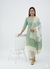 Hand Block Print . Green and white cotton kurti pant dupatta set