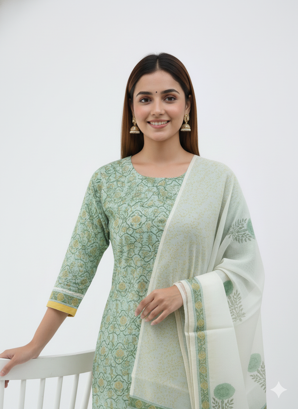 Hand Block Print . Green and white cotton kurti pant dupatta set