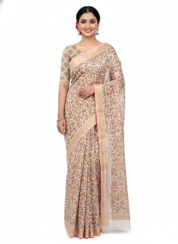 pink hand block print cotton silk blend saree