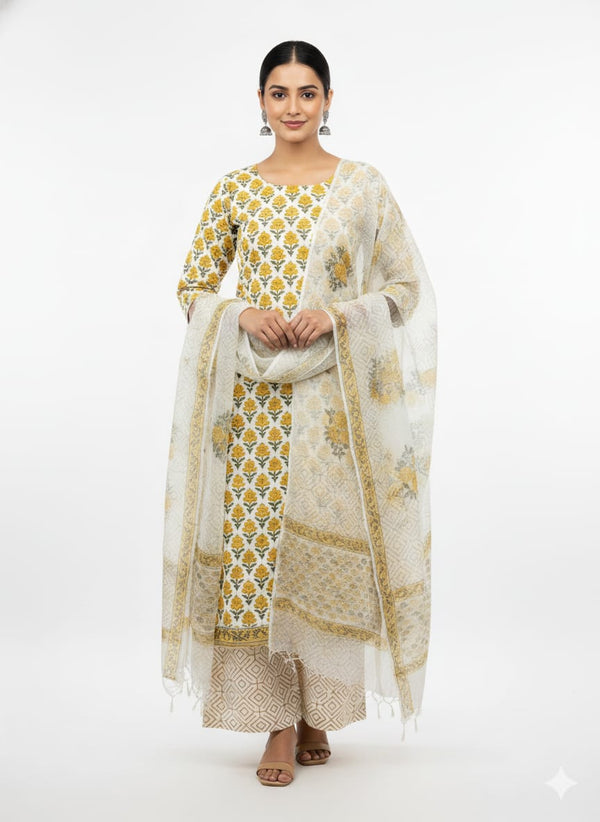 off-white cotton printed kurta and pant set with dupatta