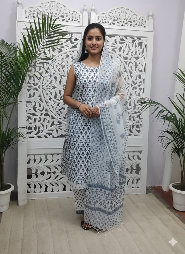 White and blue printed kurta set with dupatta