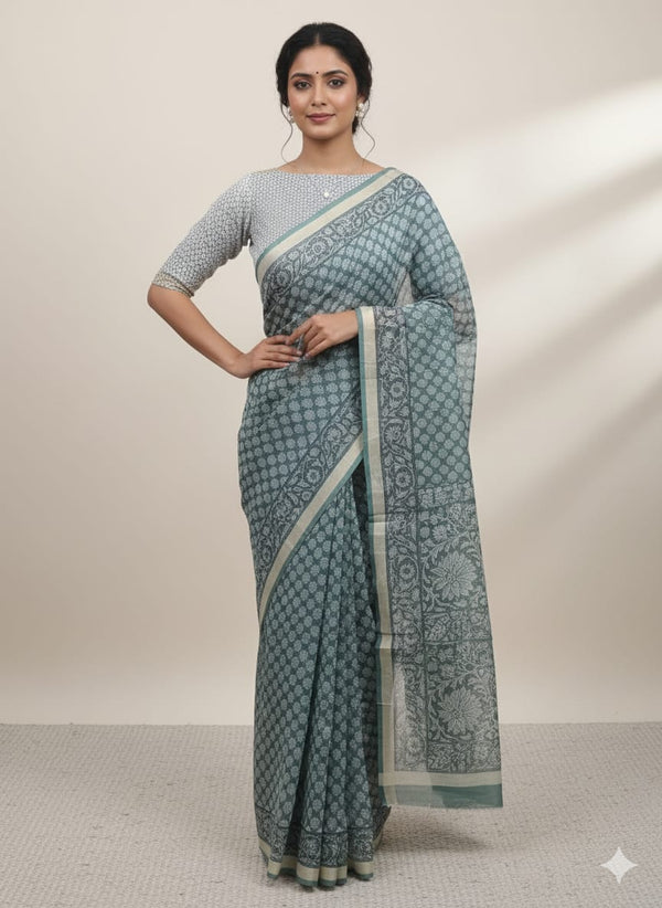 blue cotton abstract hand block print saree
