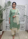 Hand Block Print . Green and white cotton kurti pant dupatta set