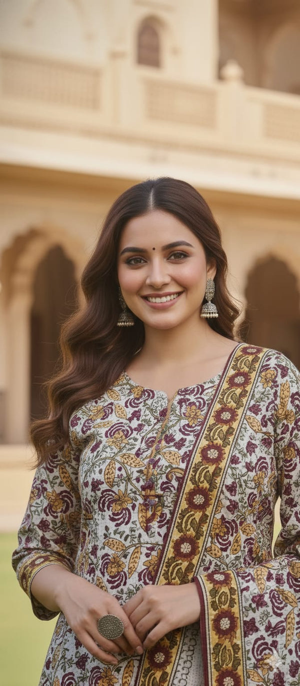 a traditional Indian suit with a patterned design