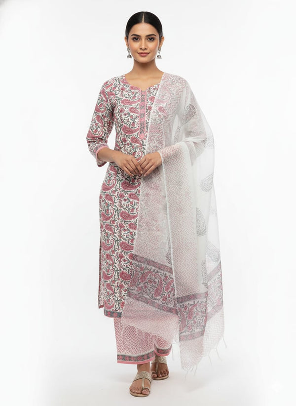 Rajnandini Women's Pure Cotton Jaipuri Printed Kurta Set with Dupatta