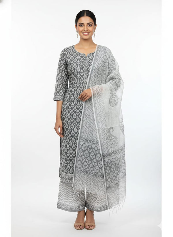 Women's Cotton Floral Printed Straight Kurta, Palazzo, and Dupatta