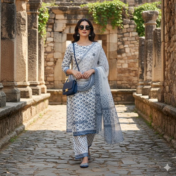 Hand Block Print Cotton Suit with Kota Doria Dupatta