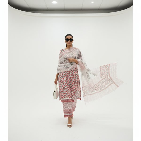 Hand Block Printed Cotton Kurta Set with Dupatta