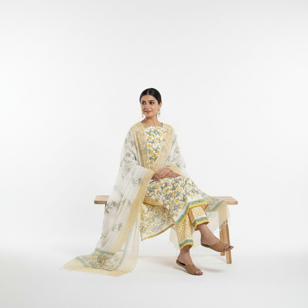 Hand Block Printed Cotton Kurta Set with Dupatta