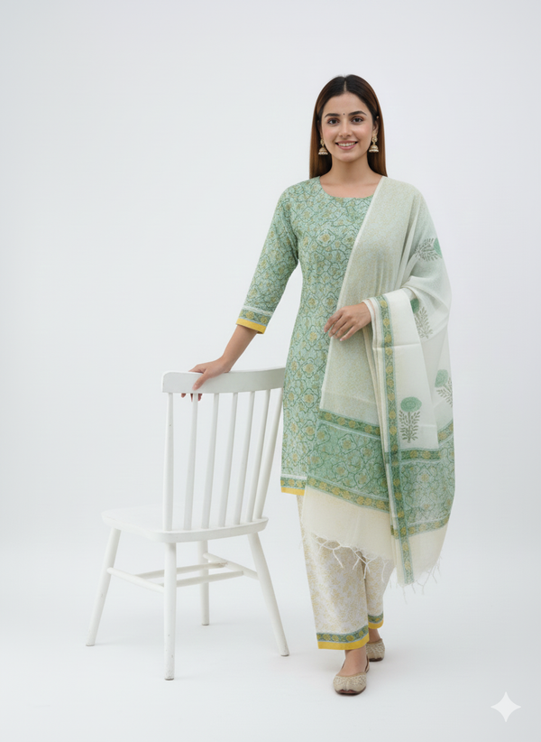 Hand Block Print . Green and white cotton kurti pant dupatta set