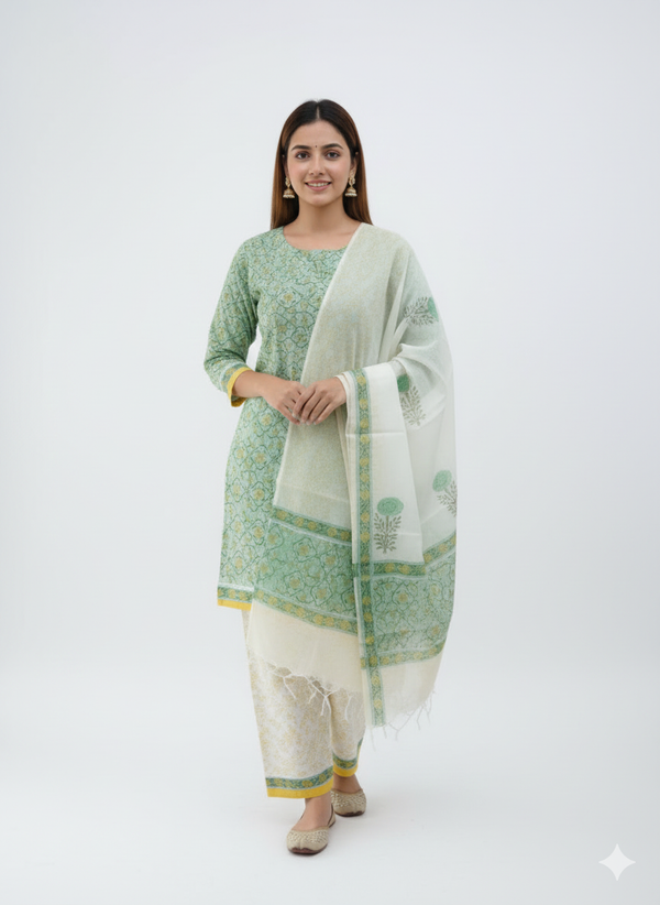 Hand Block Print . Green and white cotton kurti pant dupatta set