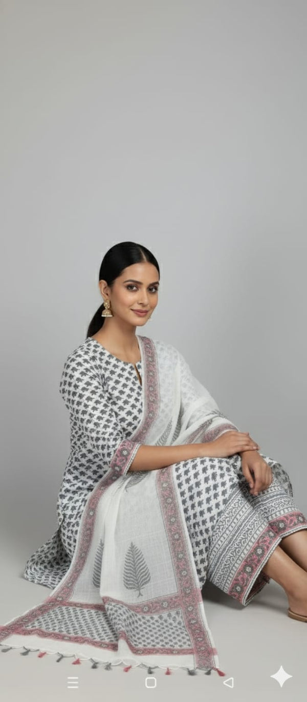 a white cotton floral block print kurta with pant and dupatta set