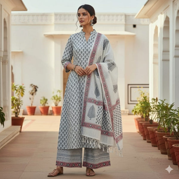 a white cotton floral block print kurta with pant and dupatta set