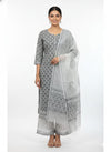 grey panelled straight printed kurta and trousers with dupatta