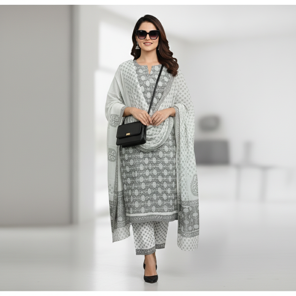 Hand Block Print Cotton Suit with Kota Doria/Malmal Dupatta