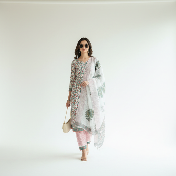 Hand Block Print Cotton Suit with Kota Doria Dupatta
