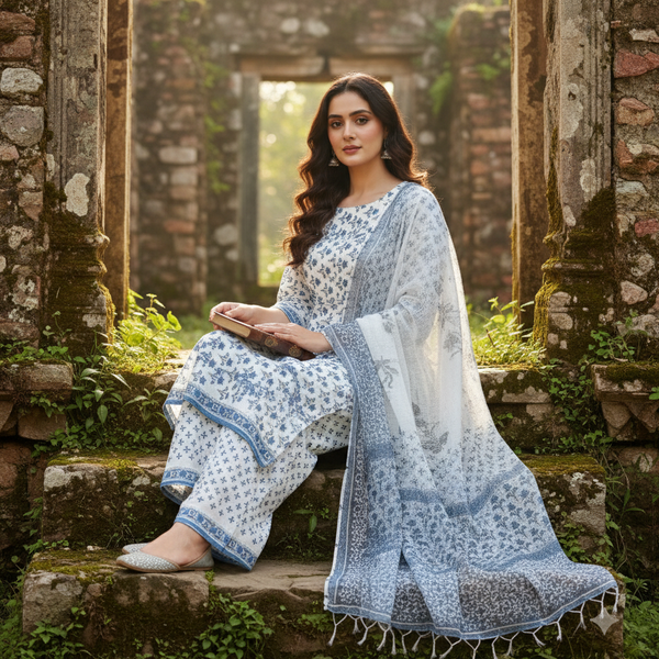 Hand Block Print Cotton Suit with Kota Doria Dupatta