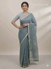 blue cotton abstract hand block print saree